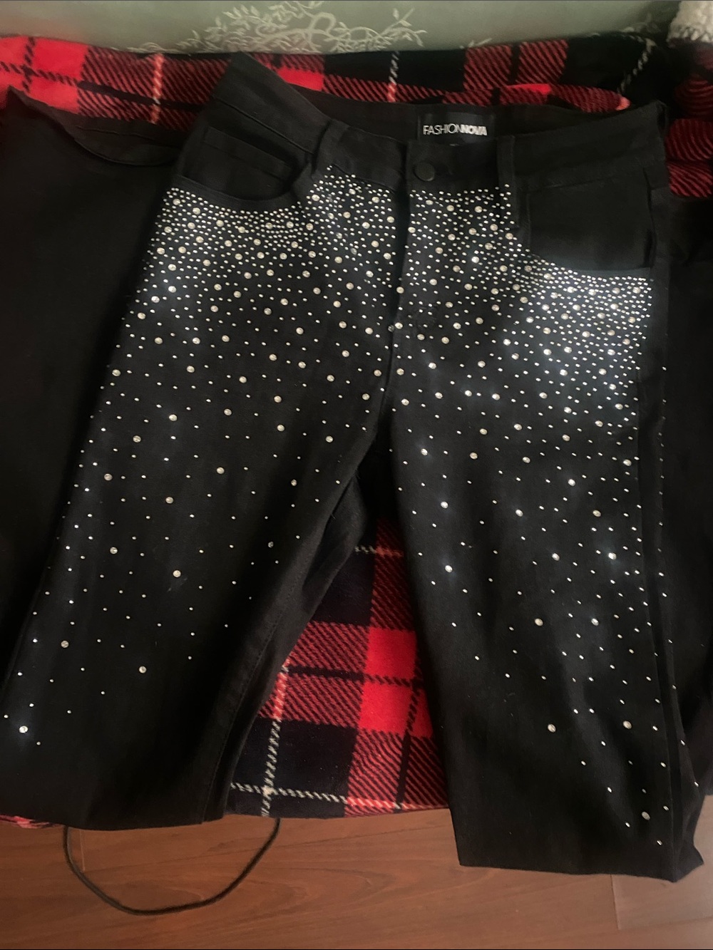 ✔️ Fashion Nova Black Rhinestone-Embellished Wide Leg Pants 💠